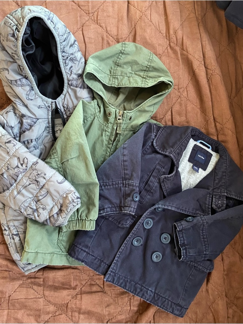 12-18 month 3 jackets: Green utility jacket, grey puffer and navy peacoat set